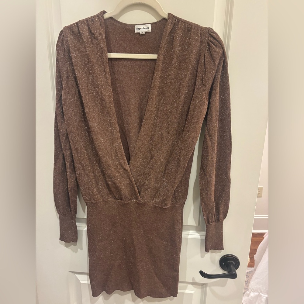 superdown Brown Shimmer Long Sleeve V-Neck Dress